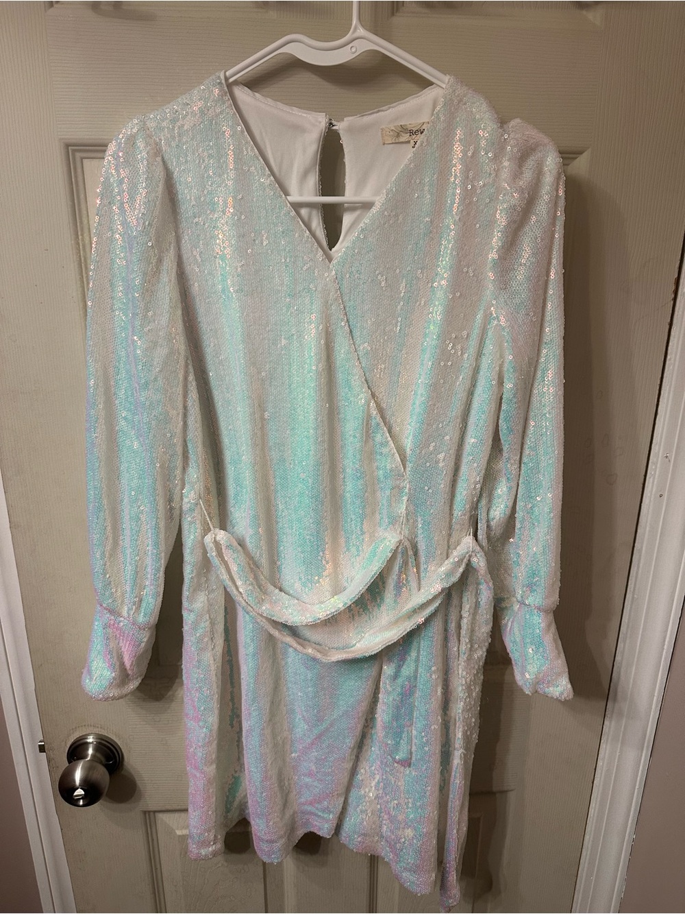 Rewind Iridescent Sequin Wrap Dress in White with Pastel Sheen